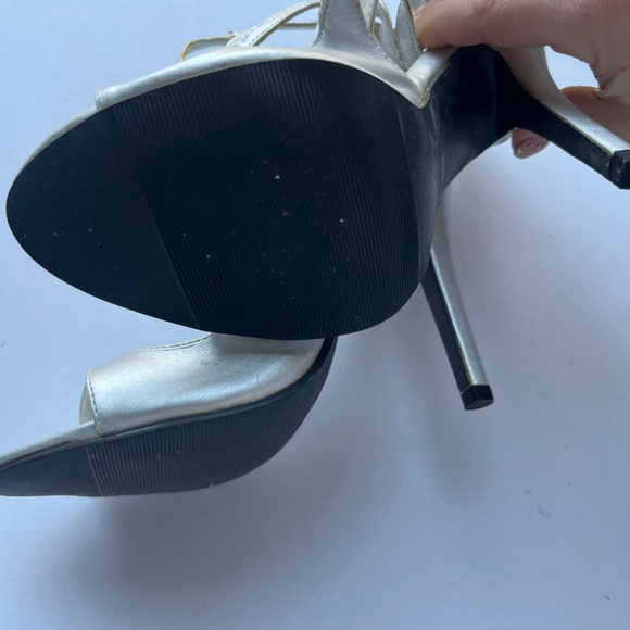 Venus Silver Strappy Stiletto High Heel Sandals | Size 8M | Metallic Dress Shoes - Picture 7 of 8